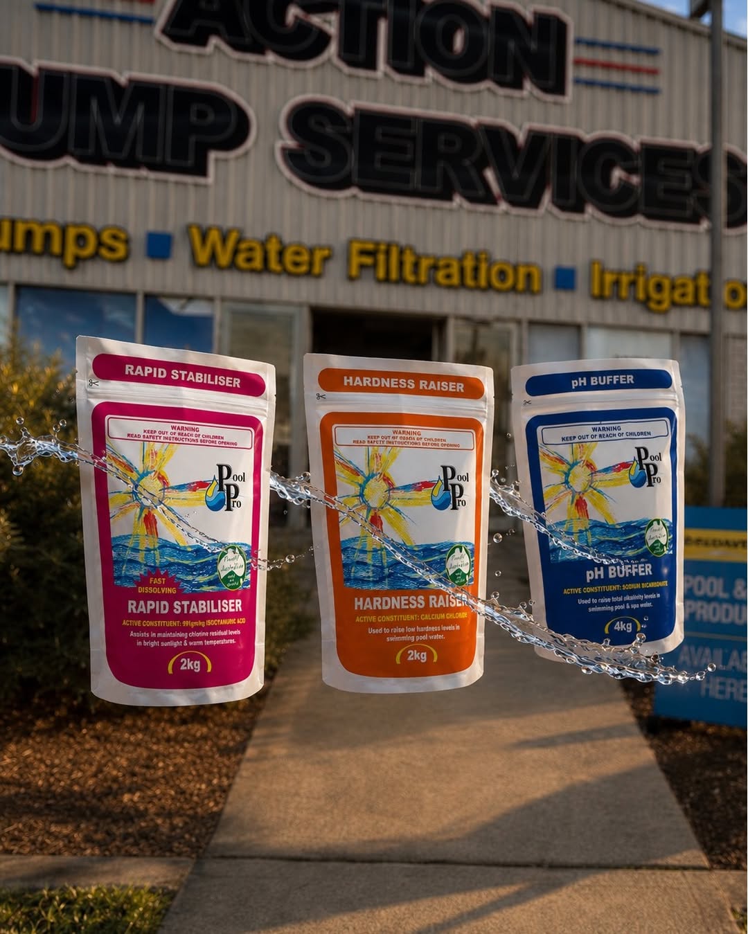 Pool Pro rapid stabiliser, hardness raiser and pH buffer, photographed outside the Tamborine Street shopfront.