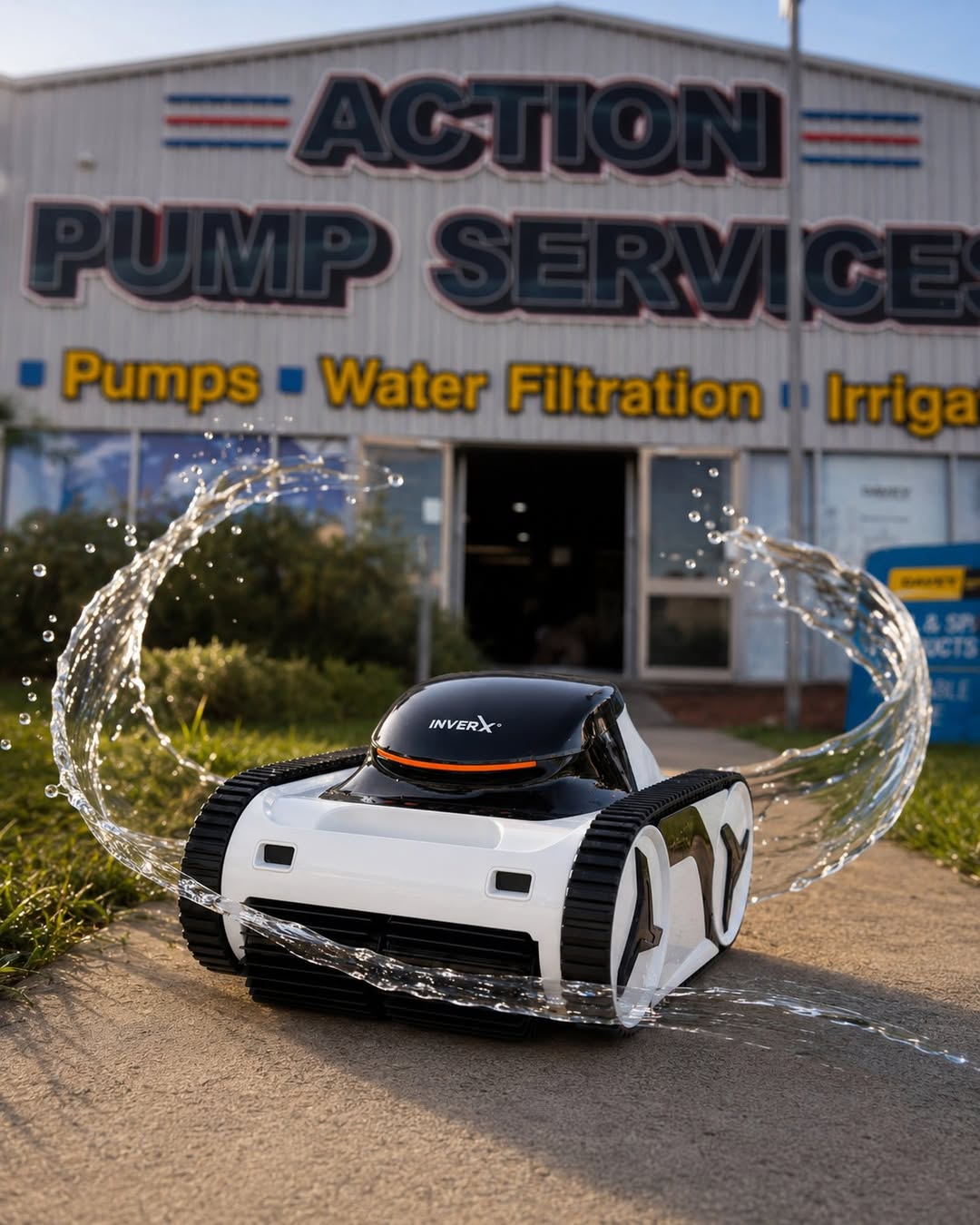 An INVERX cordless robotic pool cleaner outside the shopfront, water arcing around it.